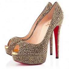 Décolleté Christian Louboutin Lady Peep Strass 140mm con punta aperta, colore oro