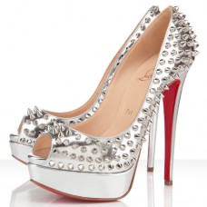 Décolleté Christian Louboutin Lady Peep Spikes 140mm con punta aperta, colore argento Décolleté Christian Louboutin Lady Peep Spikes 140mm con punta aperta, colore argento