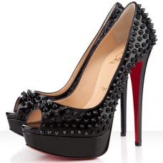 Décolleté Christian Louboutin Lady Peep Spikes 140mm con punta aperta, nere