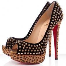 Décolleté Christian Louboutin Lady Peep Spikes 140mm con punta aperta, nere