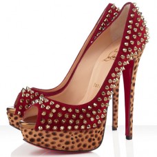 Décolleté Christian Louboutin Lady Peep Spikes 140mm con punta aperta, rosse