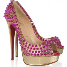 Décolleté Christian Louboutin Lady Peep Spikes 140mm con punta aperta e dettagli oro rosa Décolleté Christian Louboutin Lady Peep Spikes 140mm con punta aperta e dettagli oro rosa