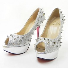 Décolleté Christian Louboutin Lady Peep Spikes 140mm con punta aperta, colore argento