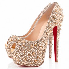 Décolleté Christian Louboutin Highness Strass 160mm con punta aperta, colore oro Décolleté Christian Louboutin Highness Strass 160mm con punta aperta, colore oro